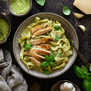 Makaron z&nbsp;kurczakiemi&nbsp;bazyliowym sosem